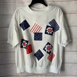 Vintage Caribou White Graphic Shirt with Patriotic Paisley Floral Patches Size M